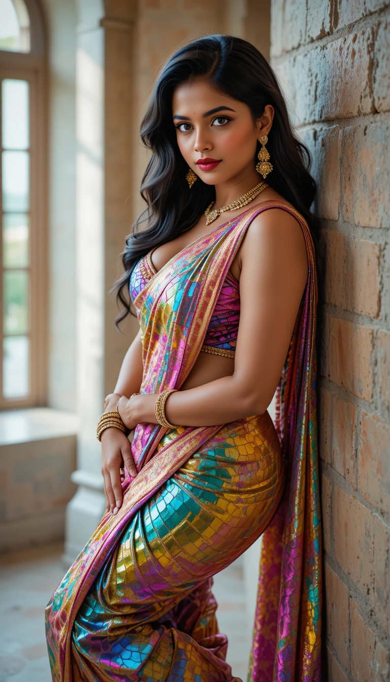 Femme indienne en sari brillant appuyée contre un mur