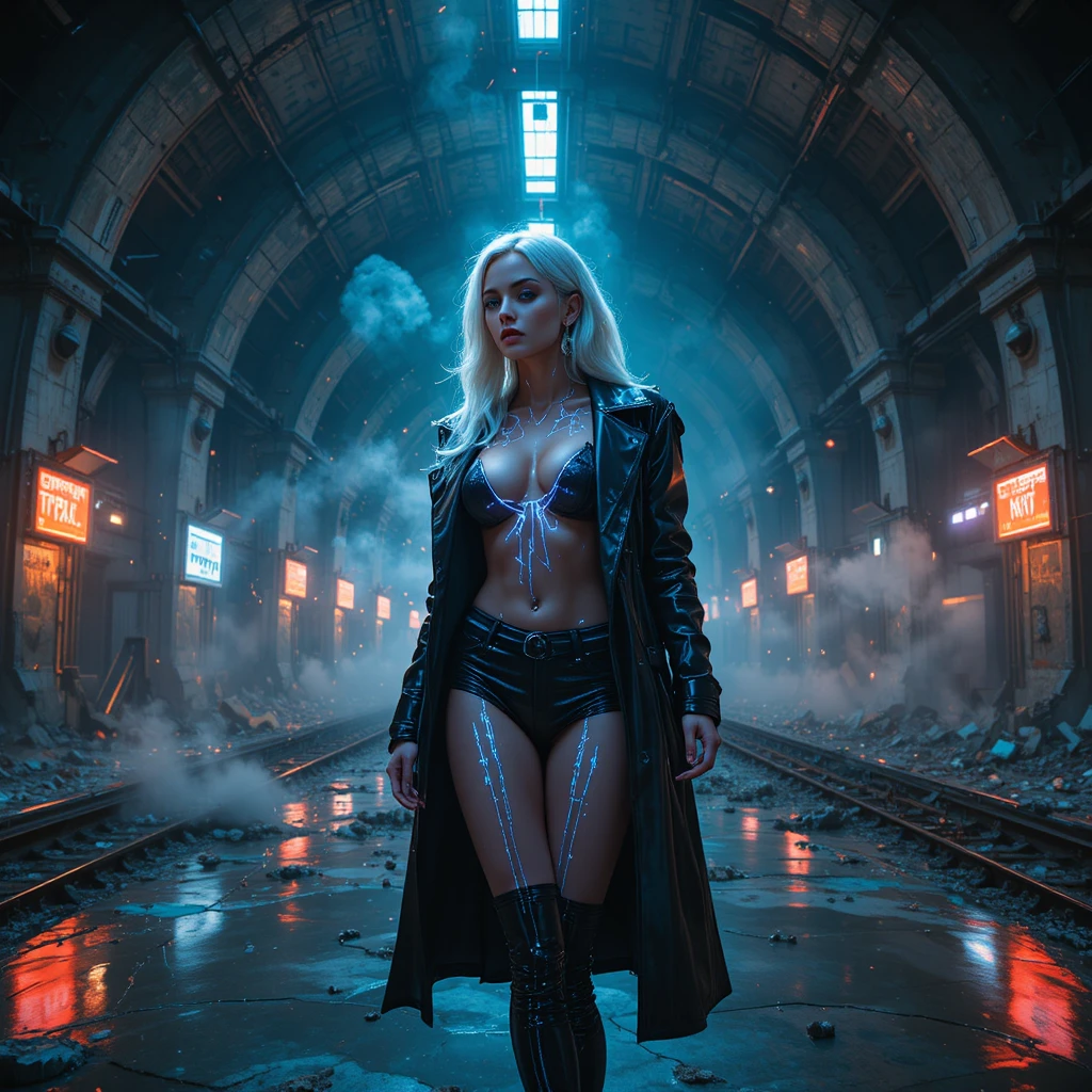 Cyberpunk fashion woman in abandoned underground metro station
