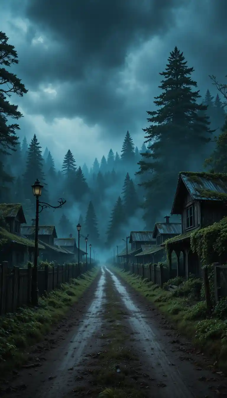 Lonely dirt road leading into an abandoned forest village