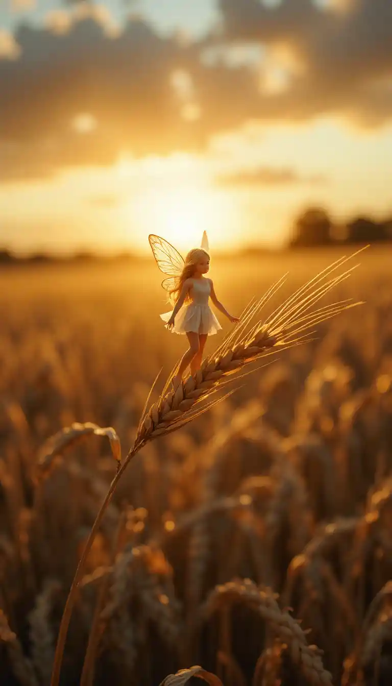Tiny fairy hovering over wheat in golden sunset light
