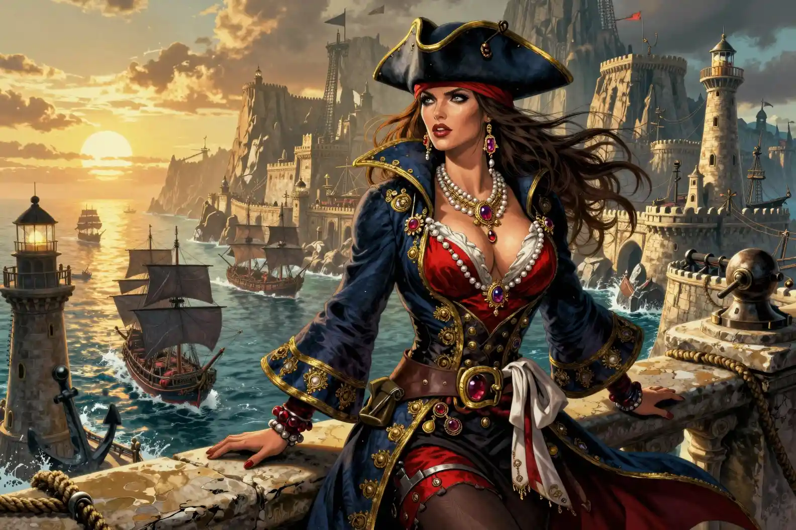 Pirate queen on fortress balcony above a vast cliff city