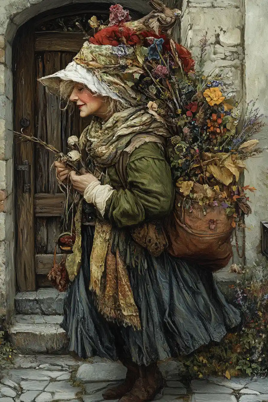 Italian folkloric Befana in a dynamic fantasy illustration