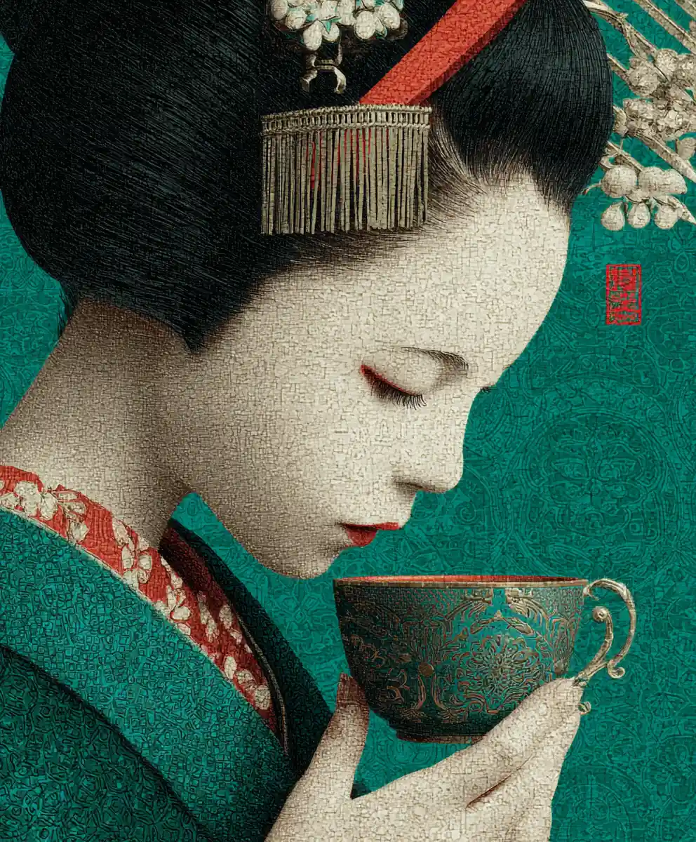 Geisha stile Hello Kitty che sorseggia caffè in un ritratto surreale in primo piano