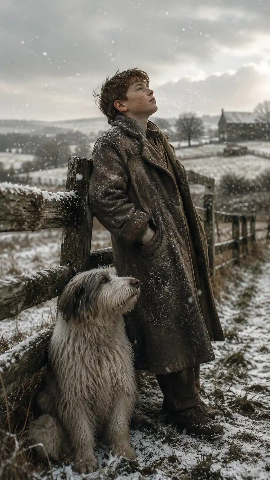 Farm boy and sheepdog at a quiet first winter snowfall