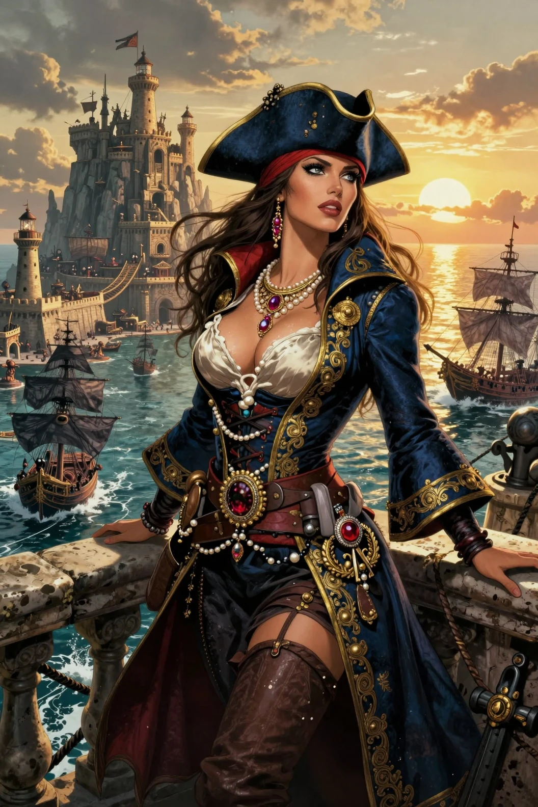 Pirate queen on fortress balcony at sunset harbor