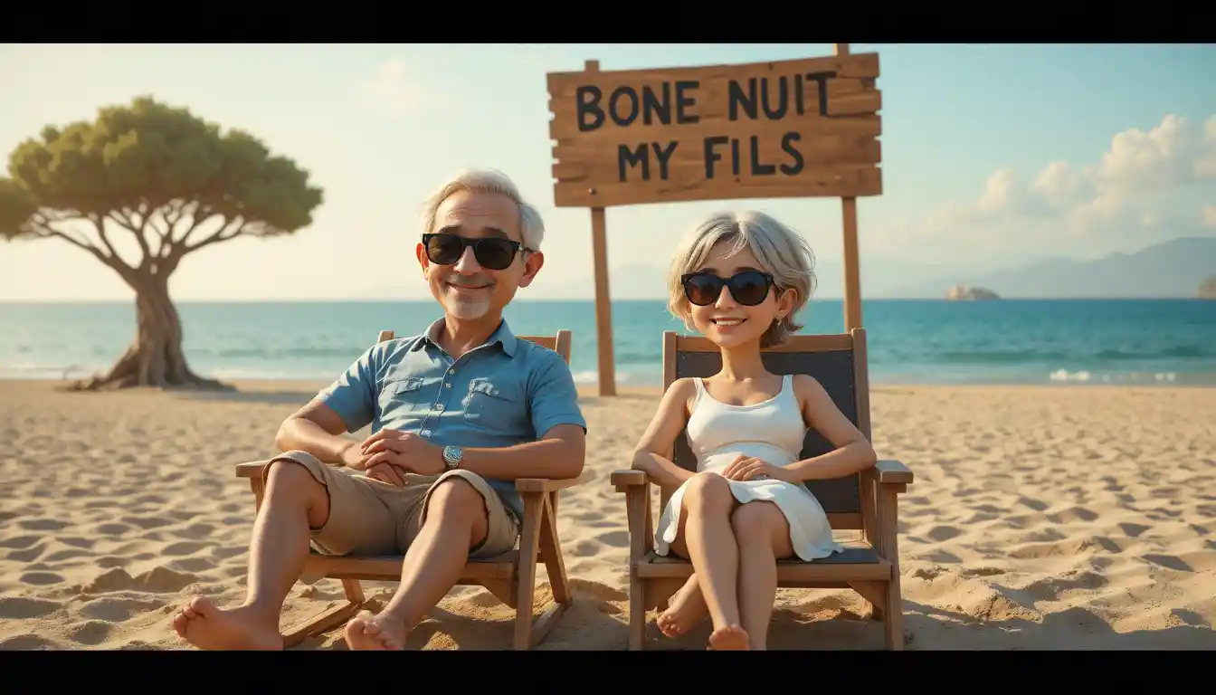 Elderly couple relaxing on beach chairs at golden hour