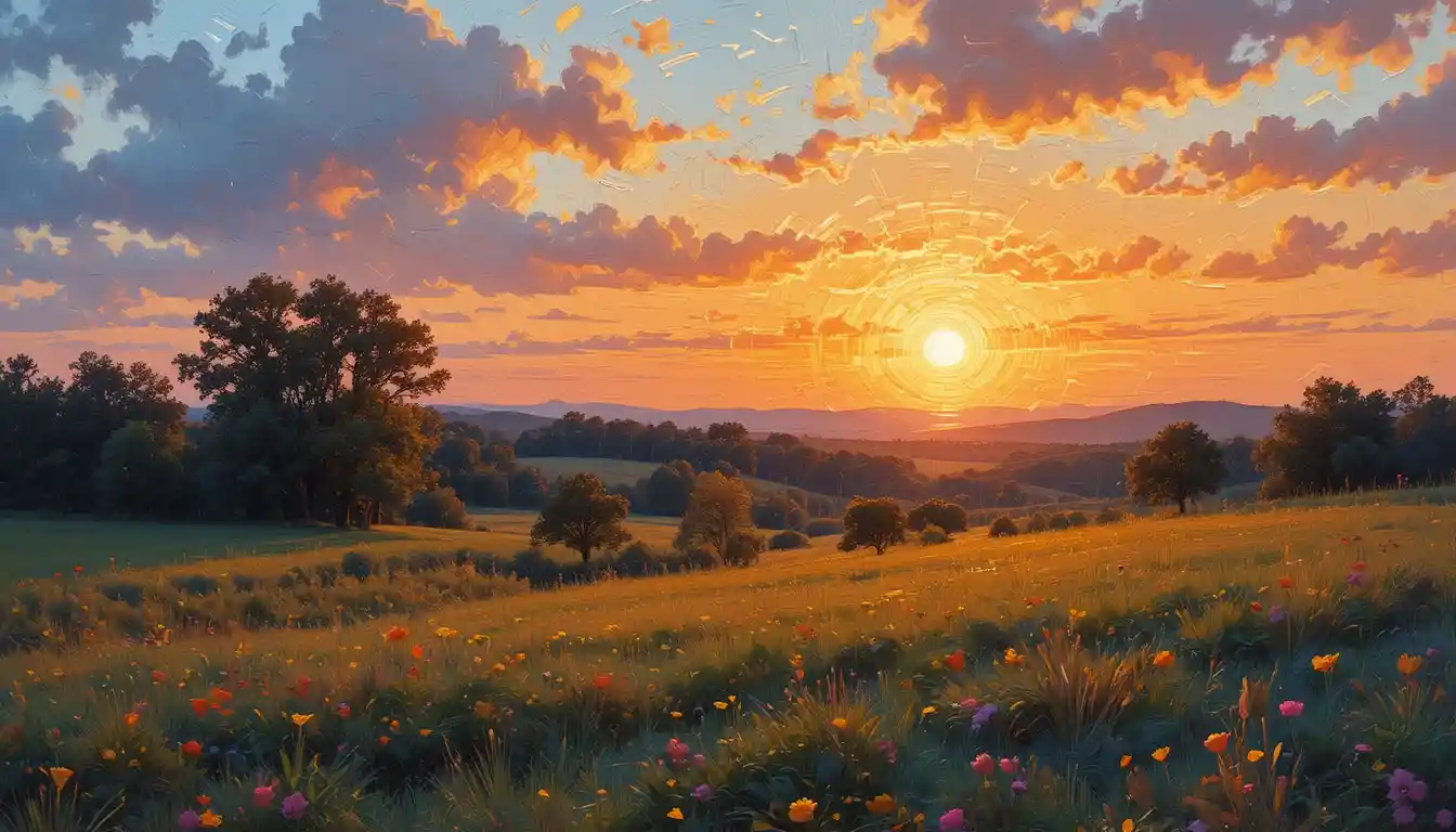 Serene impressionist countryside landscape at warm sunset