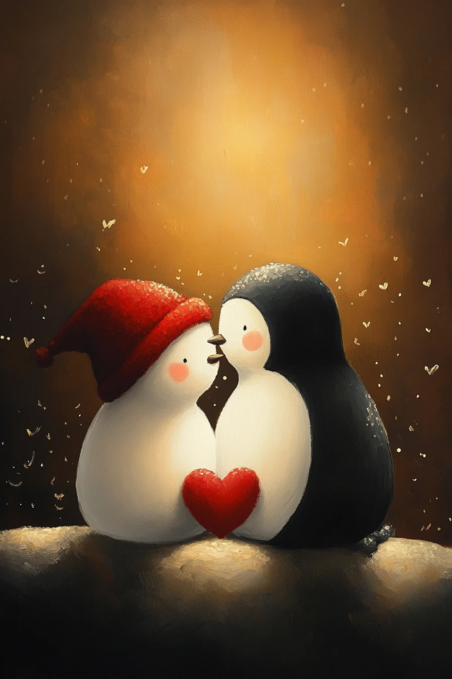 Heartwarming whimsical painting of soft cute characters together