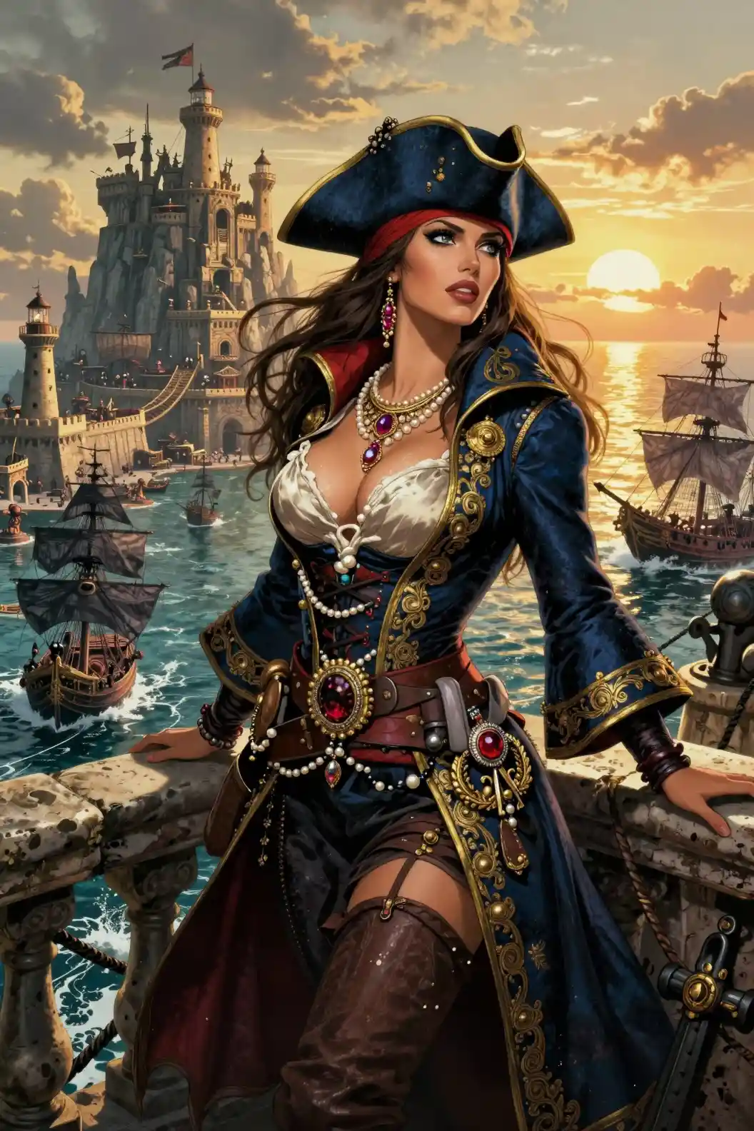 Pirate queen on fortress balcony at sunset harbor