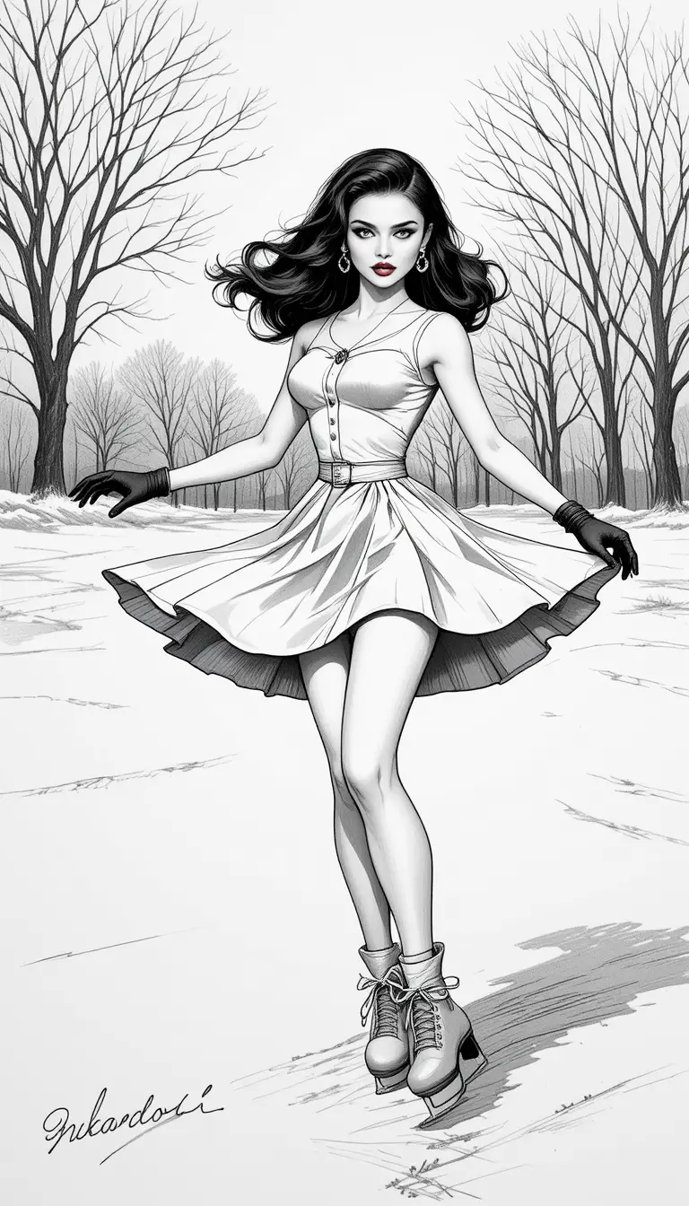 Donna pin up vintage che pattina su ghiaccio in una pista all’aperto