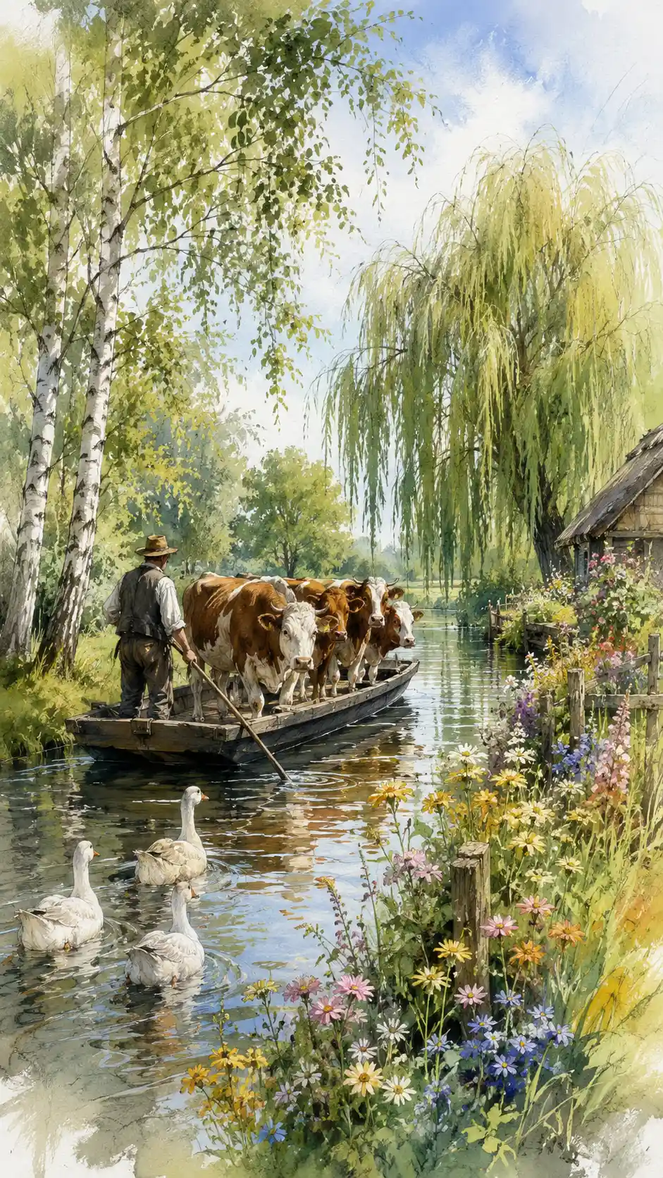 Cows Transported By Boat To A Summer Riverside Meadow
