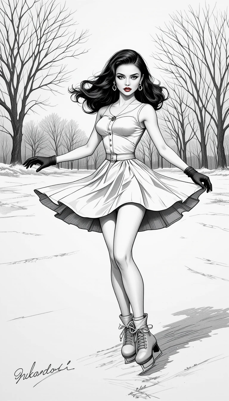 Vintage pin up woman ice skating on outdoor rink