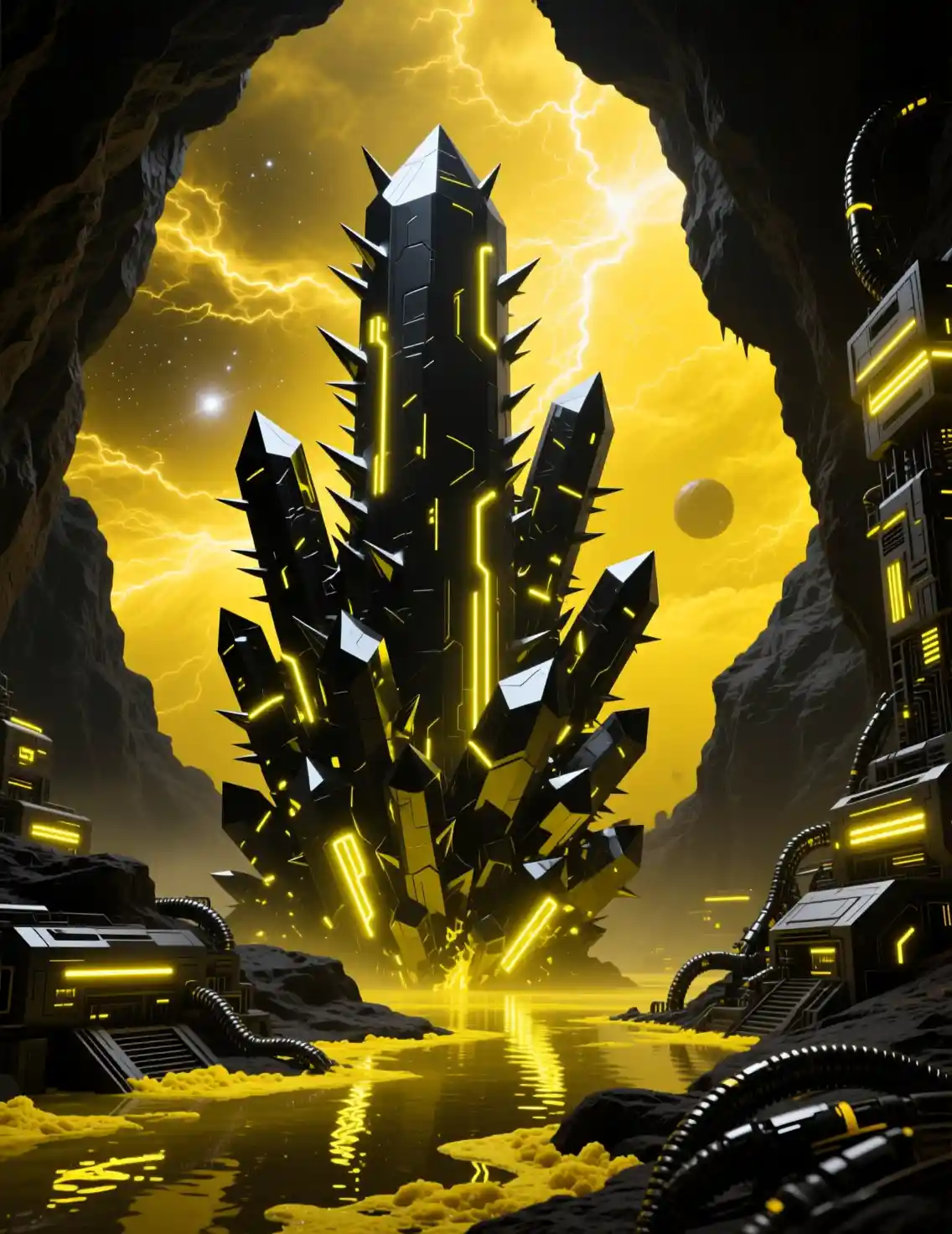 Giant Neon Crystals Rising Inside A Futuristic Sci Fi Cave