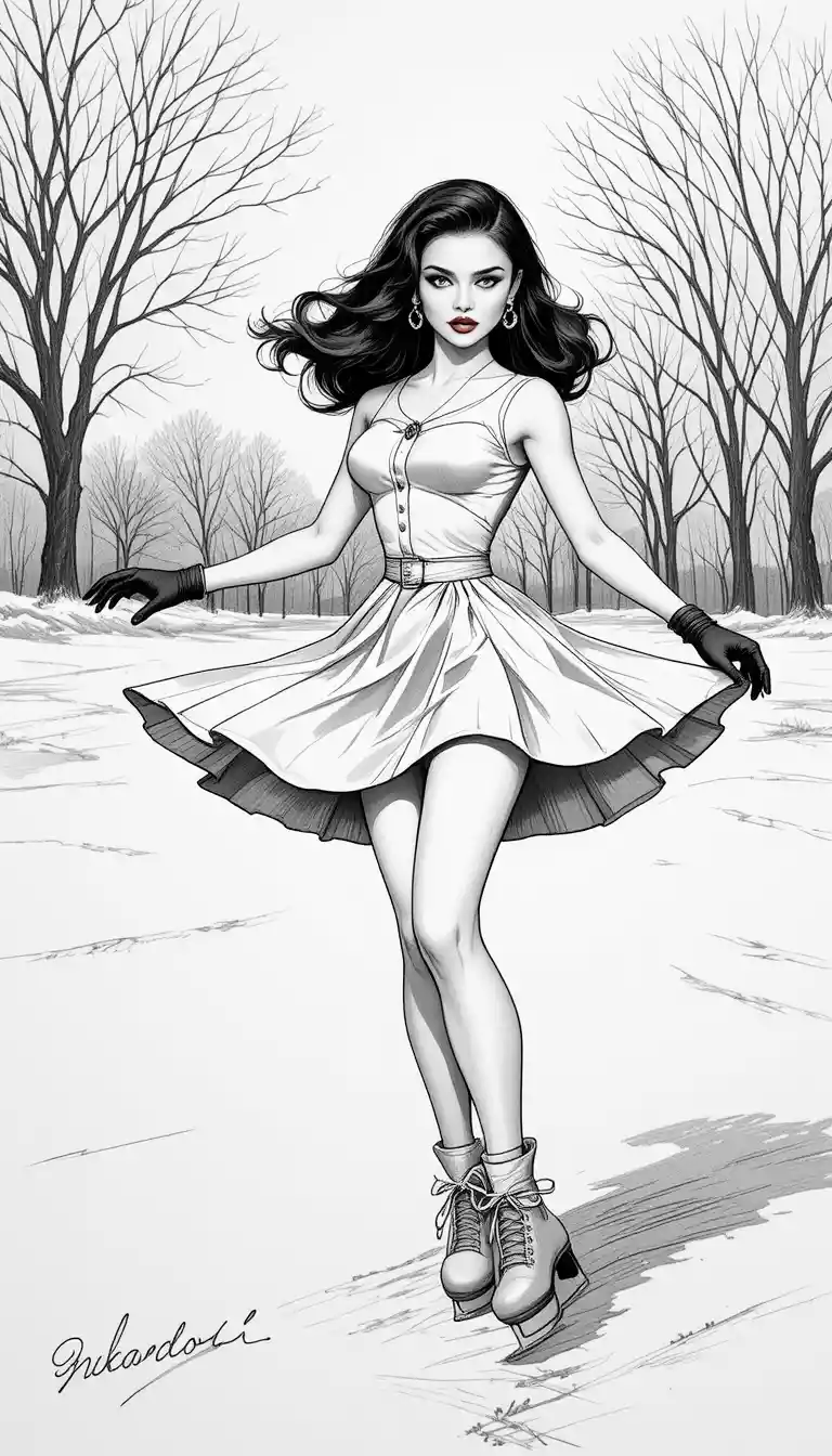 Vintage pin up woman ice skating on outdoor rink