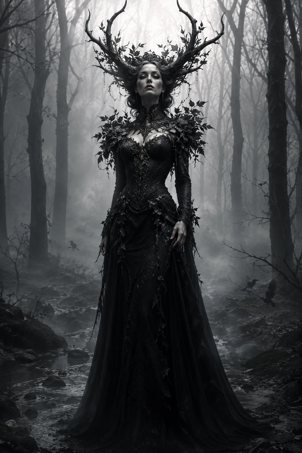 Ethereal antler crowned woman in a misty monochrome forest