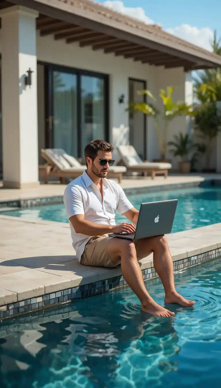 Man working on laptop by home swimming pool