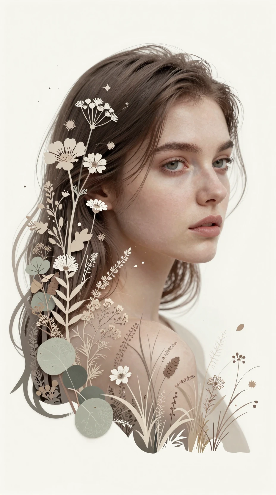 Ethereal girl portrait merging with delicate botanical forms