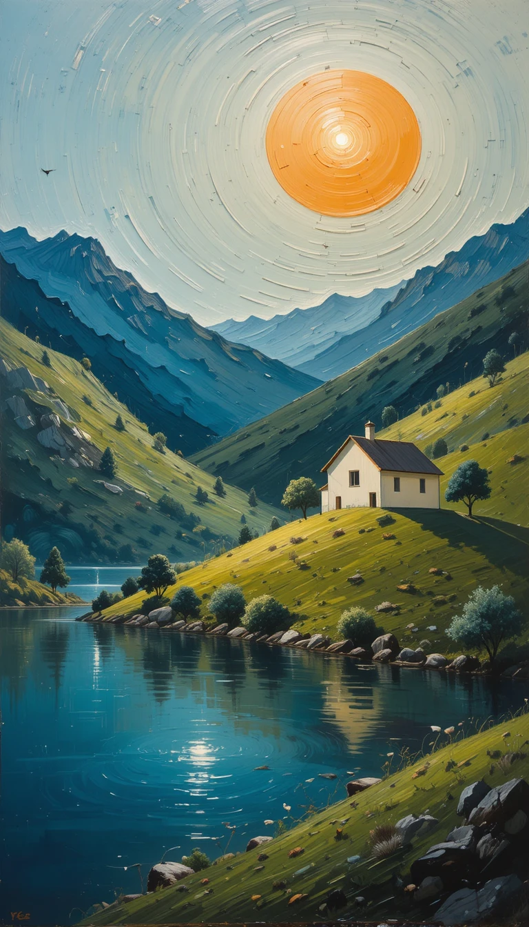 Peaceful impasto lakeside painting with subtle human figure