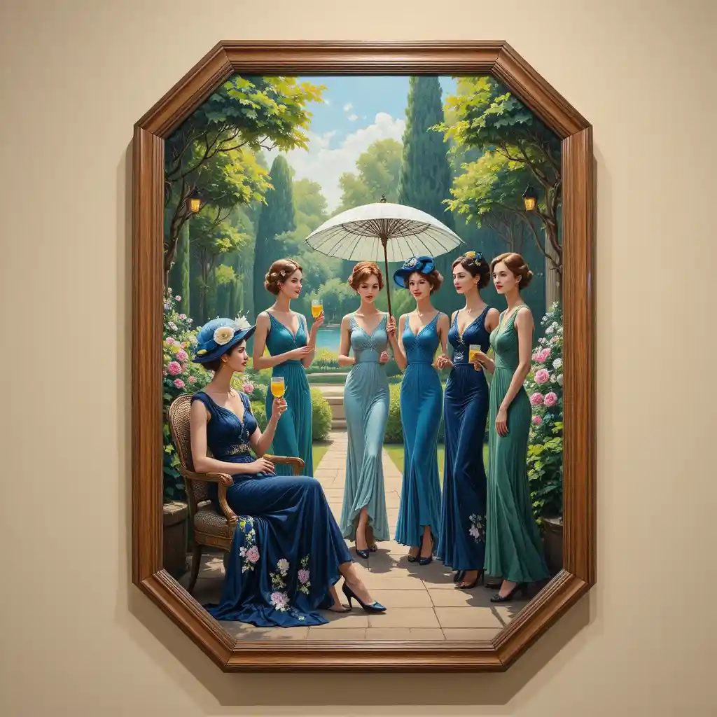 Elegant 1920s women socializing in a sunlit garden painting