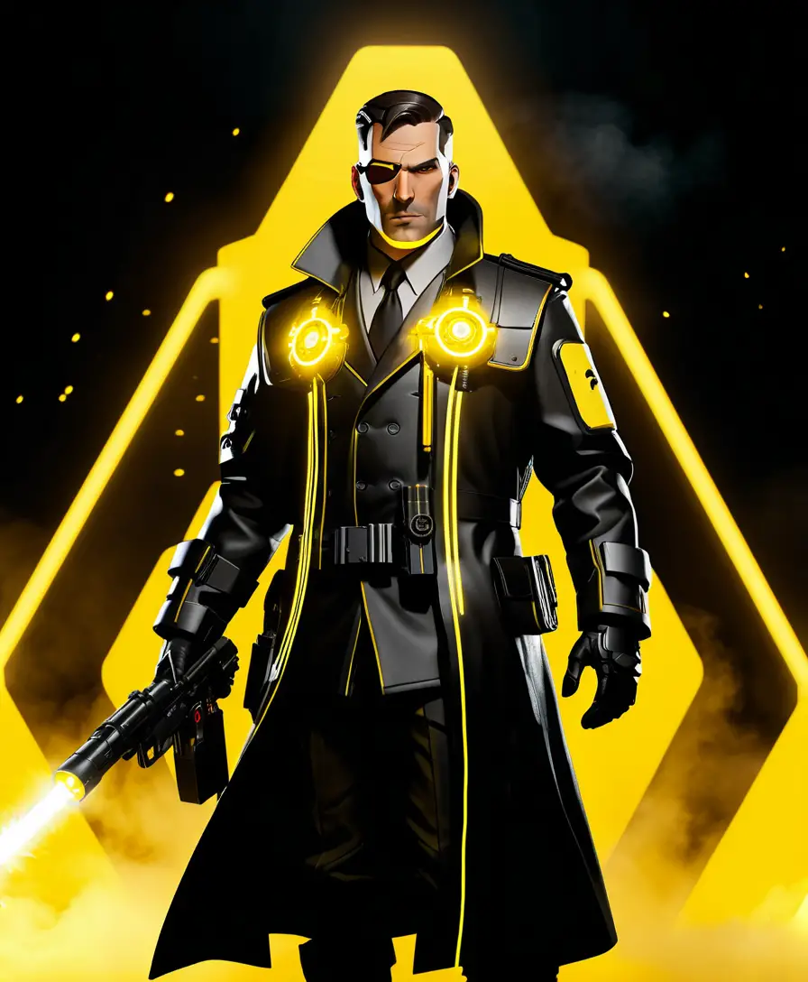 Cybernetic sci fi soldier in neon trench coat