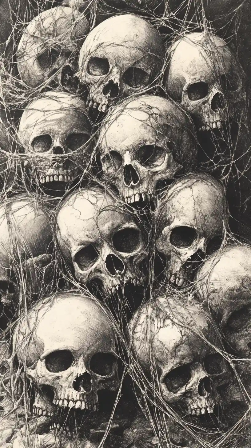 Aged human skulls wrapped in cobwebs in monochrome ink