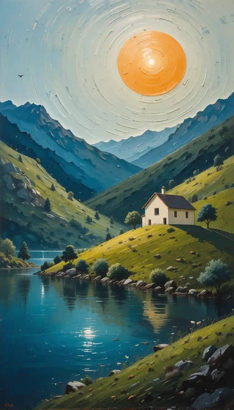Peaceful impasto lakeside painting with subtle human figure