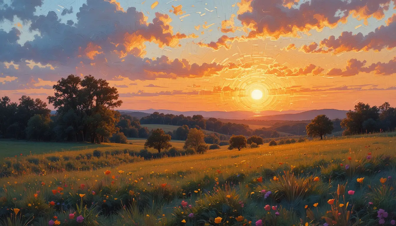 Serene impressionist countryside landscape at warm sunset