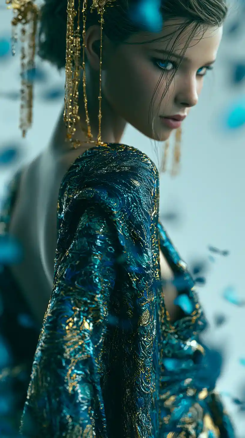 Elegant woman in blue kimono with bare back