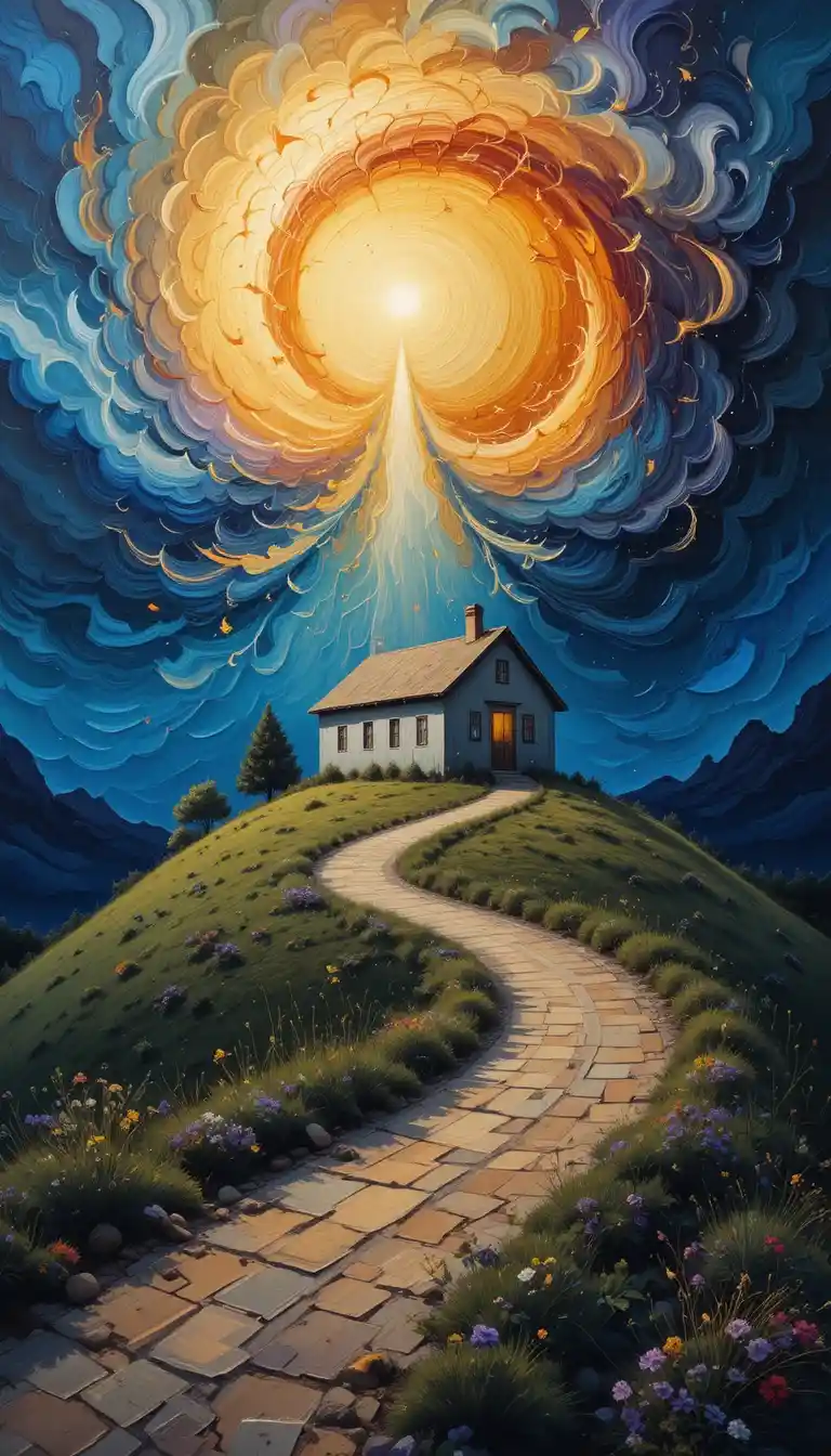 Small humble house beside an endless dreamlike winding path