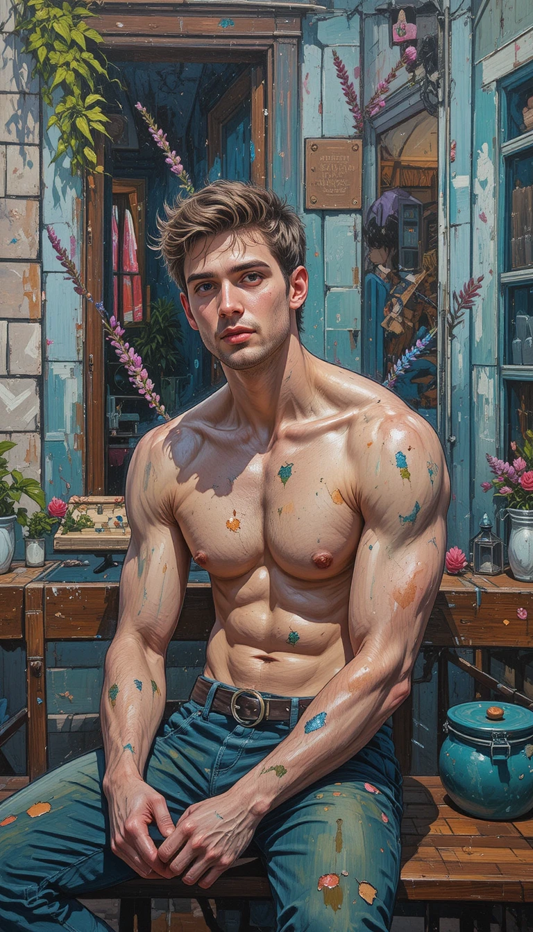 Young bearded man on bench before cracked rustic house