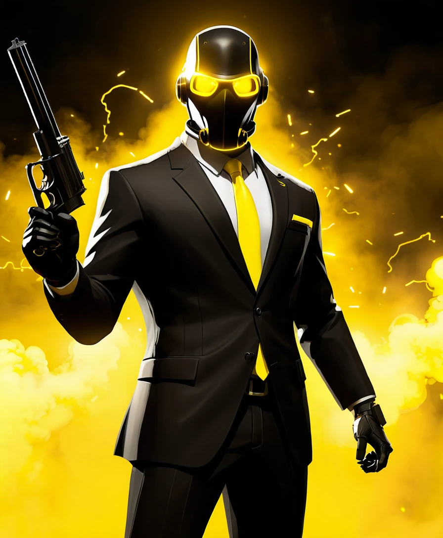 Masked agent with neon lights in cosmic yellow void
