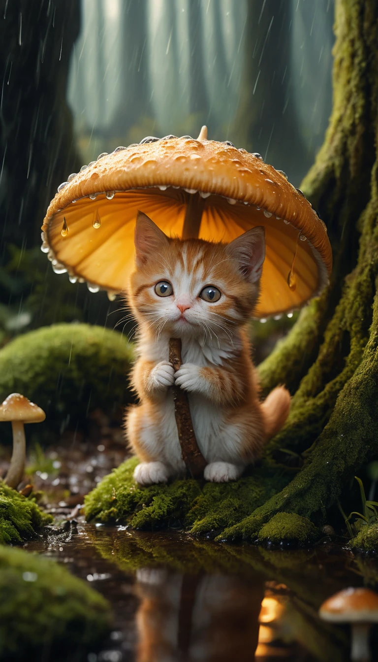 Tiny sad kitten under a rain soaked mushroom shelter