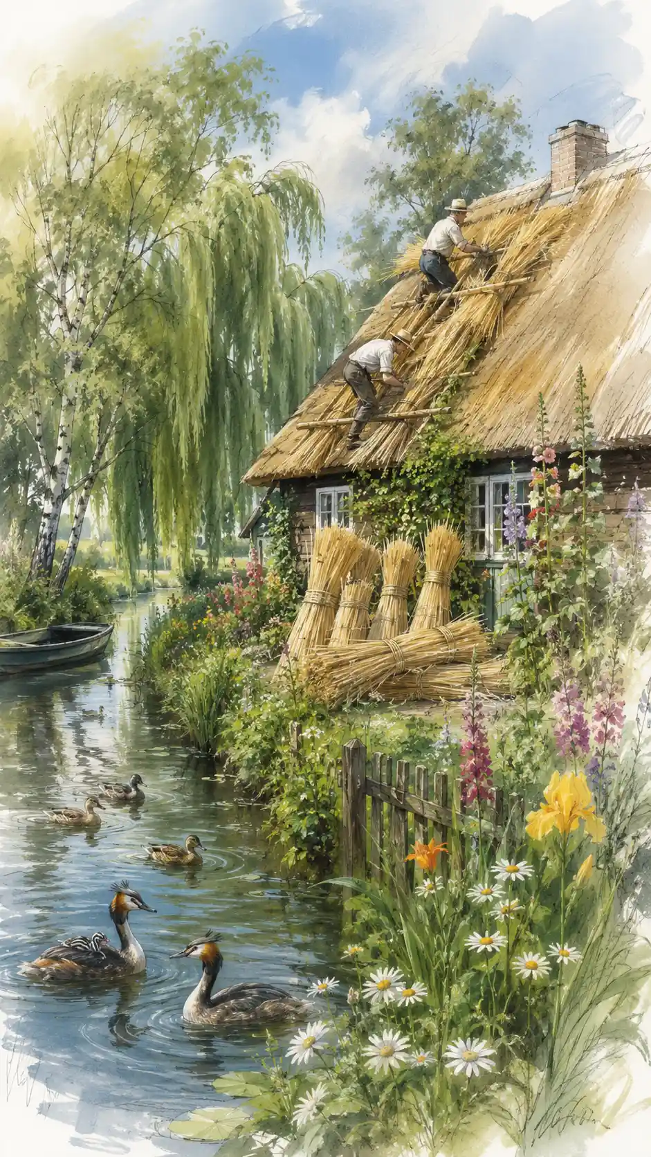 Thatched cottage roof in a peaceful summer countryside