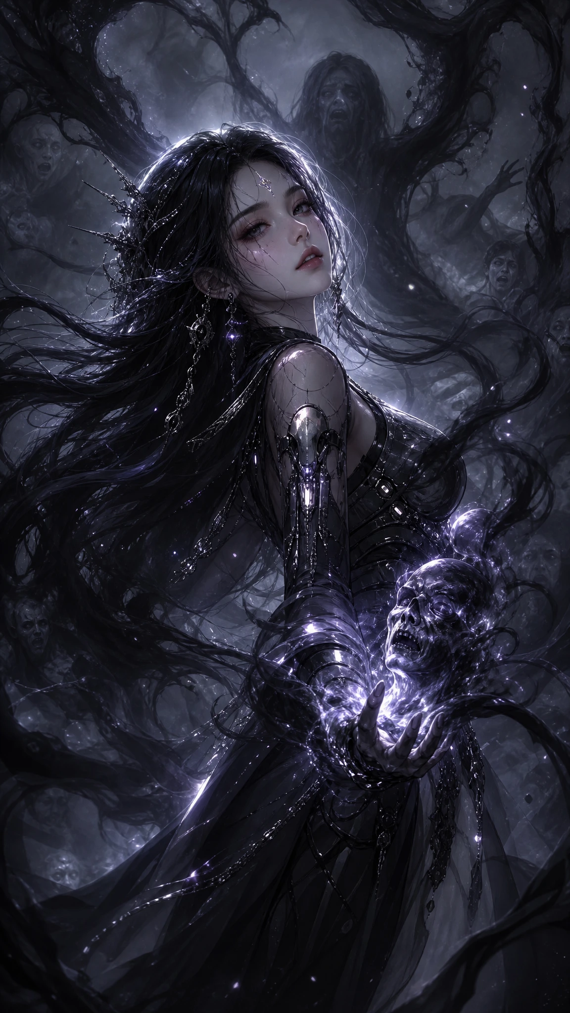 Dark maiden in cyber armor amid writhing spectral mist