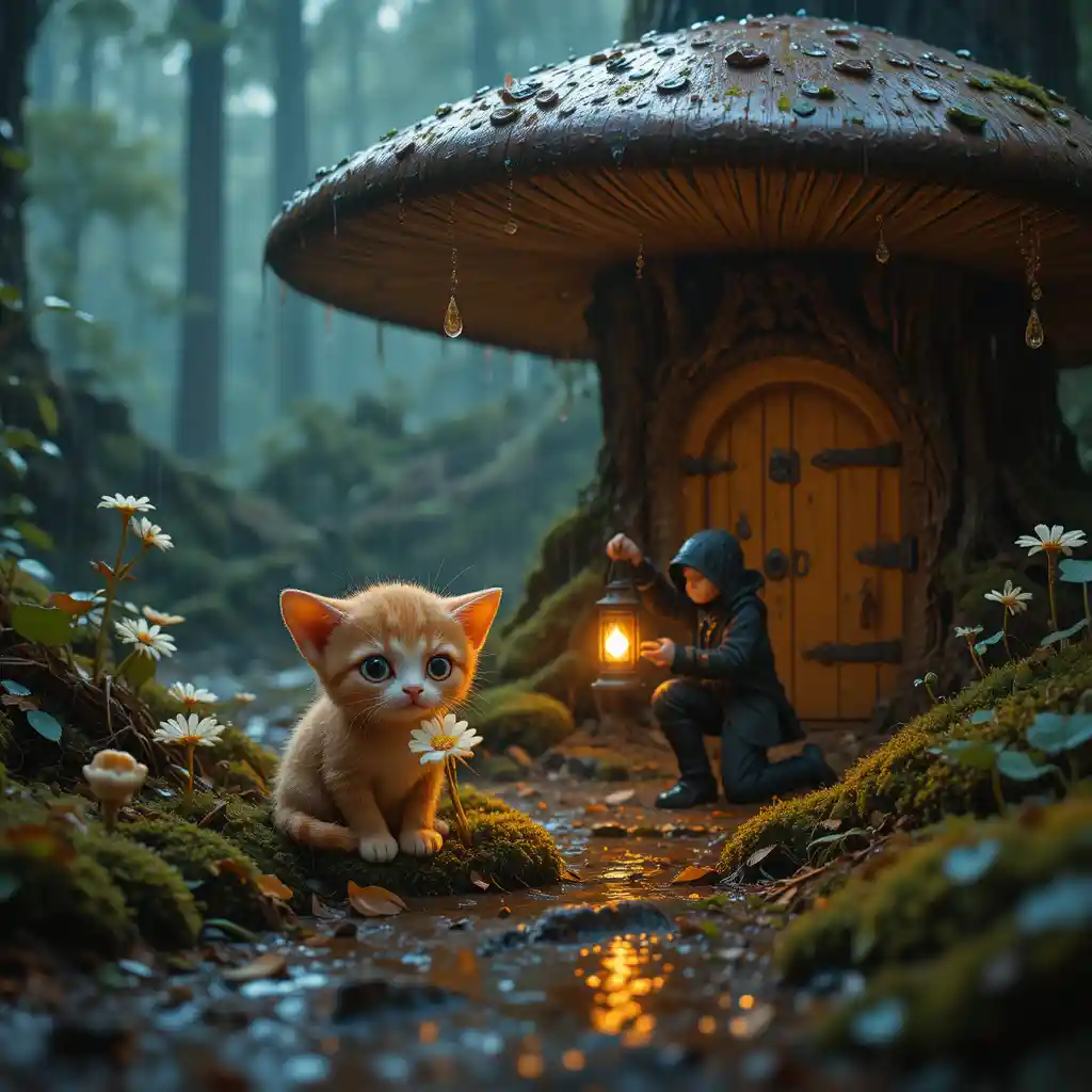 Sad kitten under a mushroom comforted by tiny lantern bearer