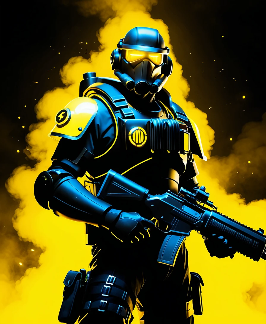 Armored sci fi engineer with shotgun in glowing space