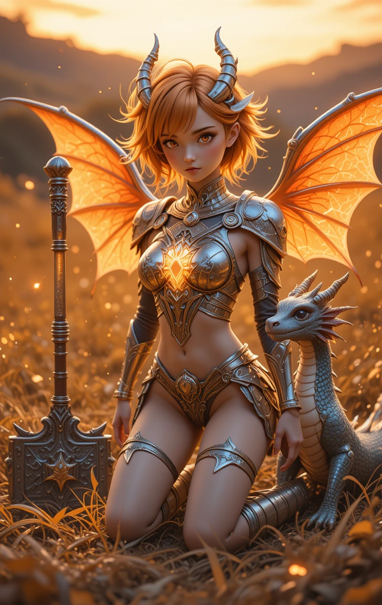 Kneeling fantasy girl with dragon companion at sunset