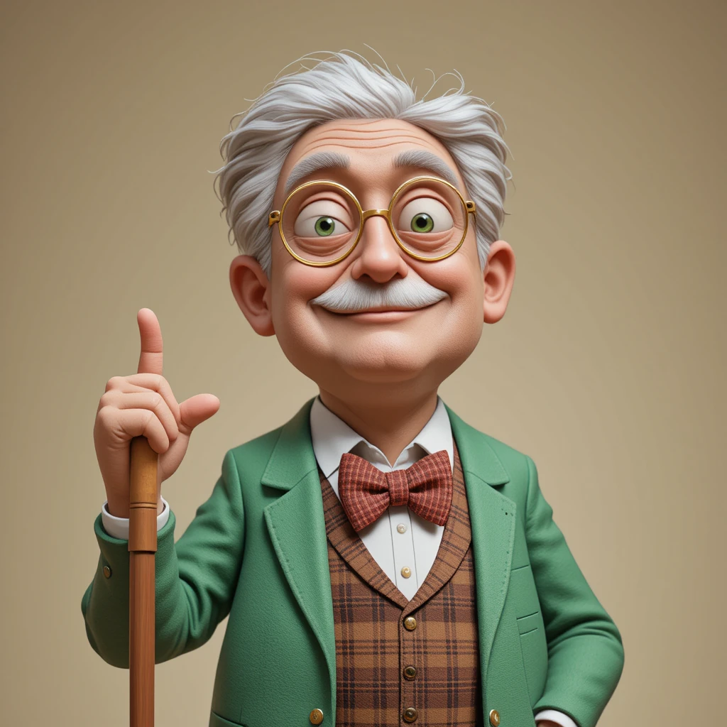Cheerful grandfather character with cane in 3d illustration