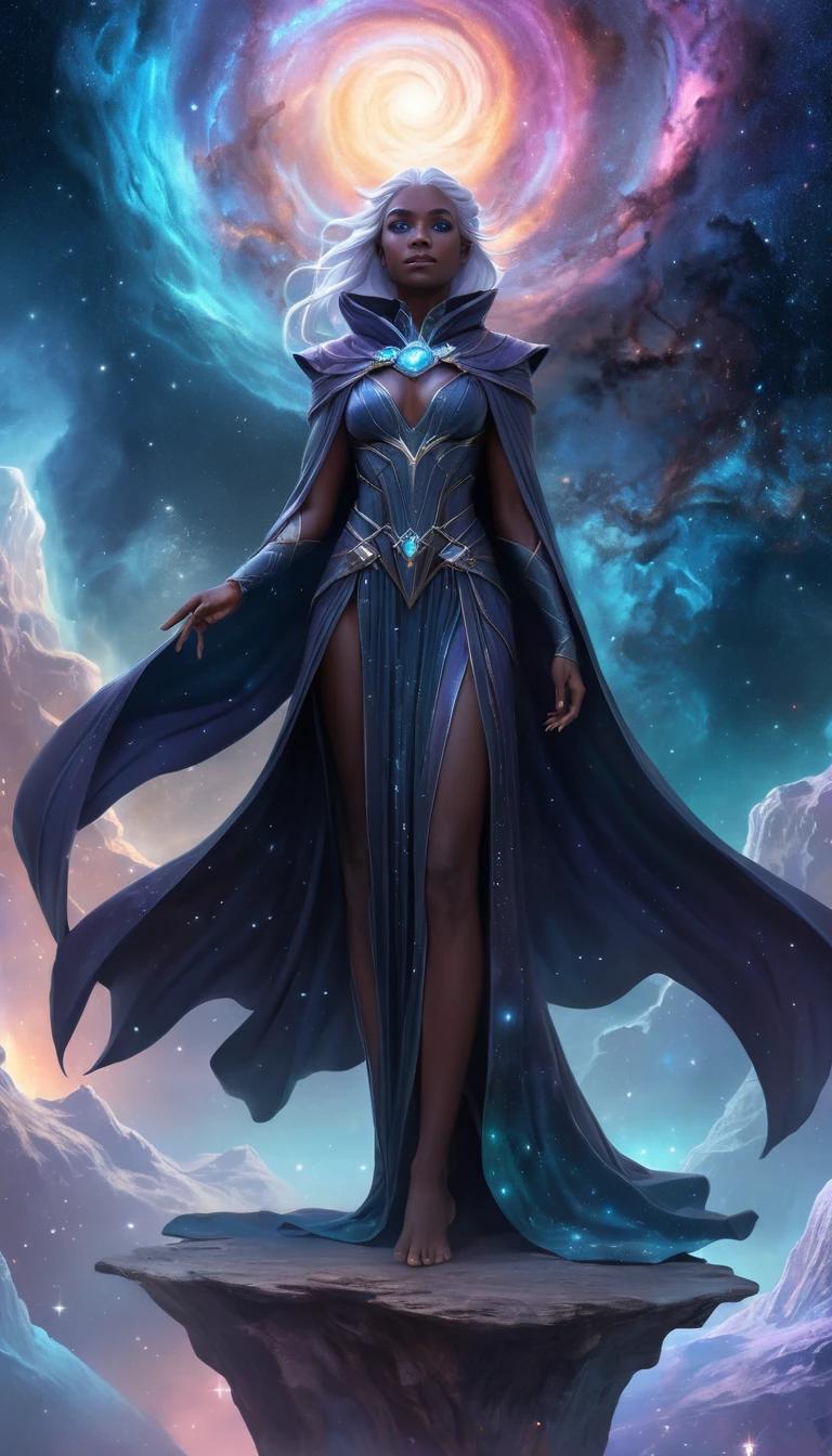 Celestial sorceress on crystal platform before swirling nebula