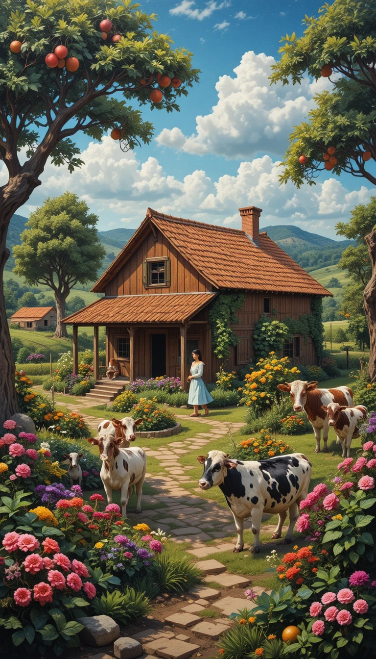 Rustic wooden farmhouse in a peaceful rural countryside