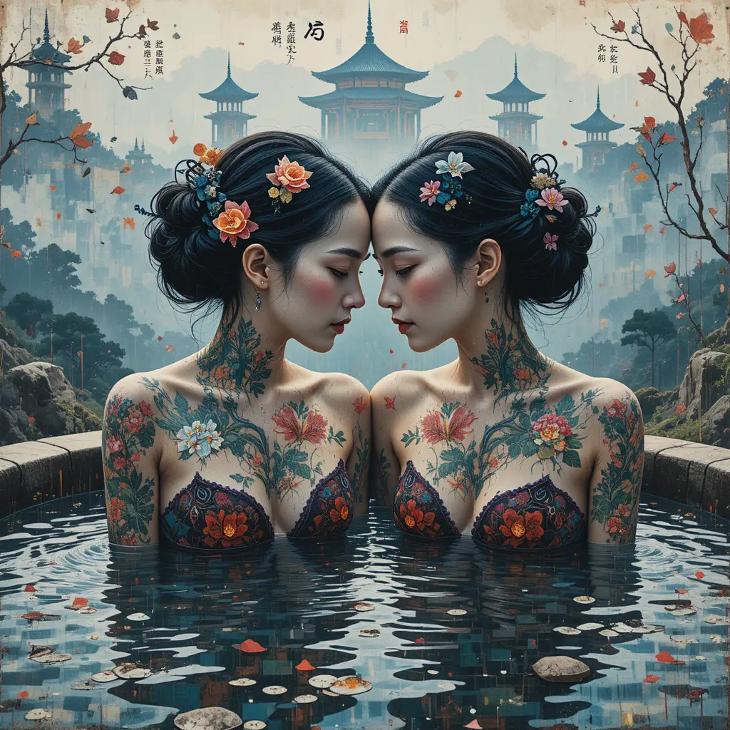 Two women washing hair in a Japanese mountain hot spring