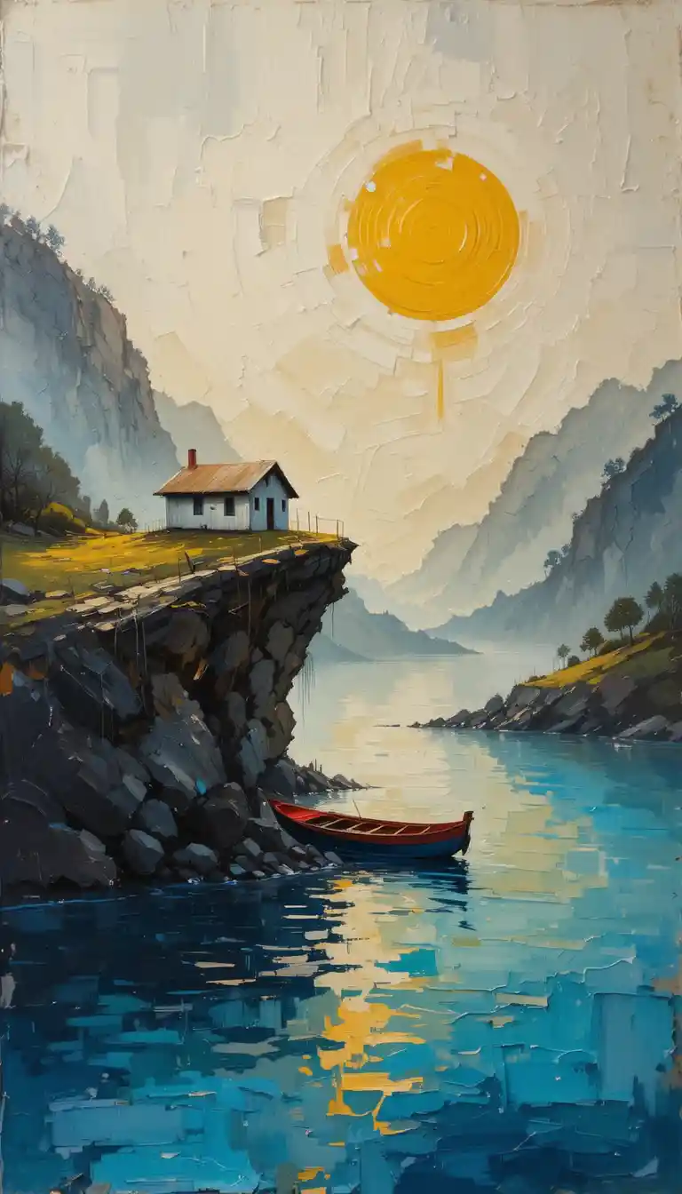 Gestural impasto mountain house by a fluid painted river