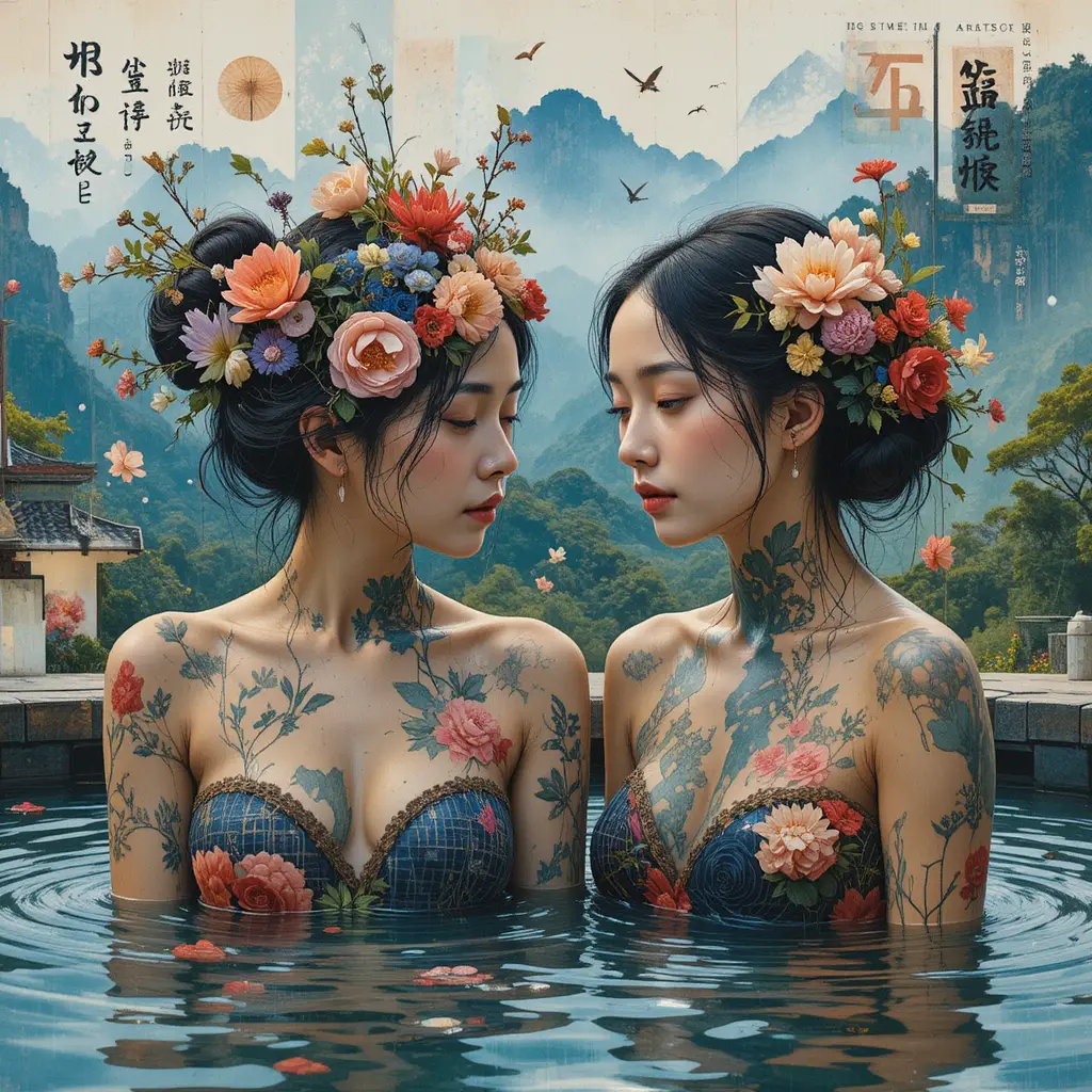 Two women washing hair in a Japanese mountain hot spring