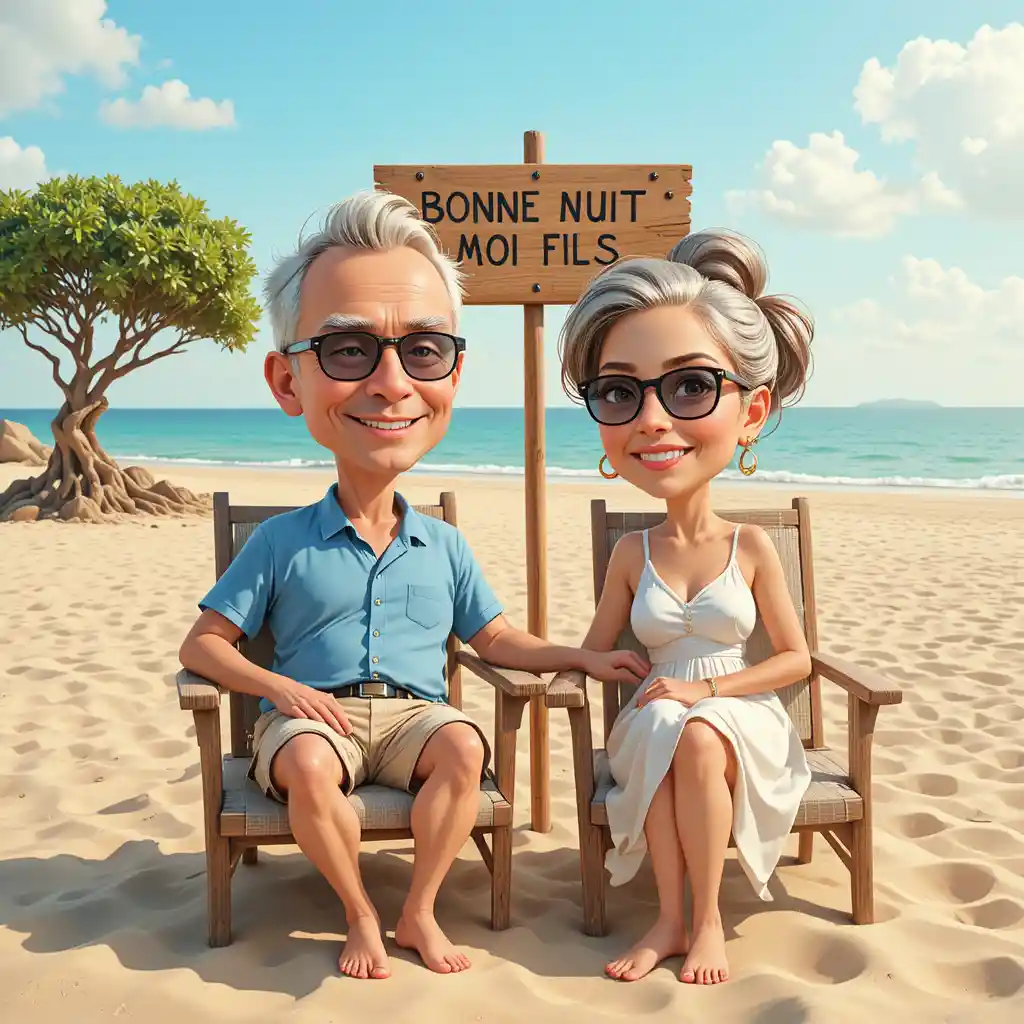 Elderly couple relaxing on wooden loungers by the sea