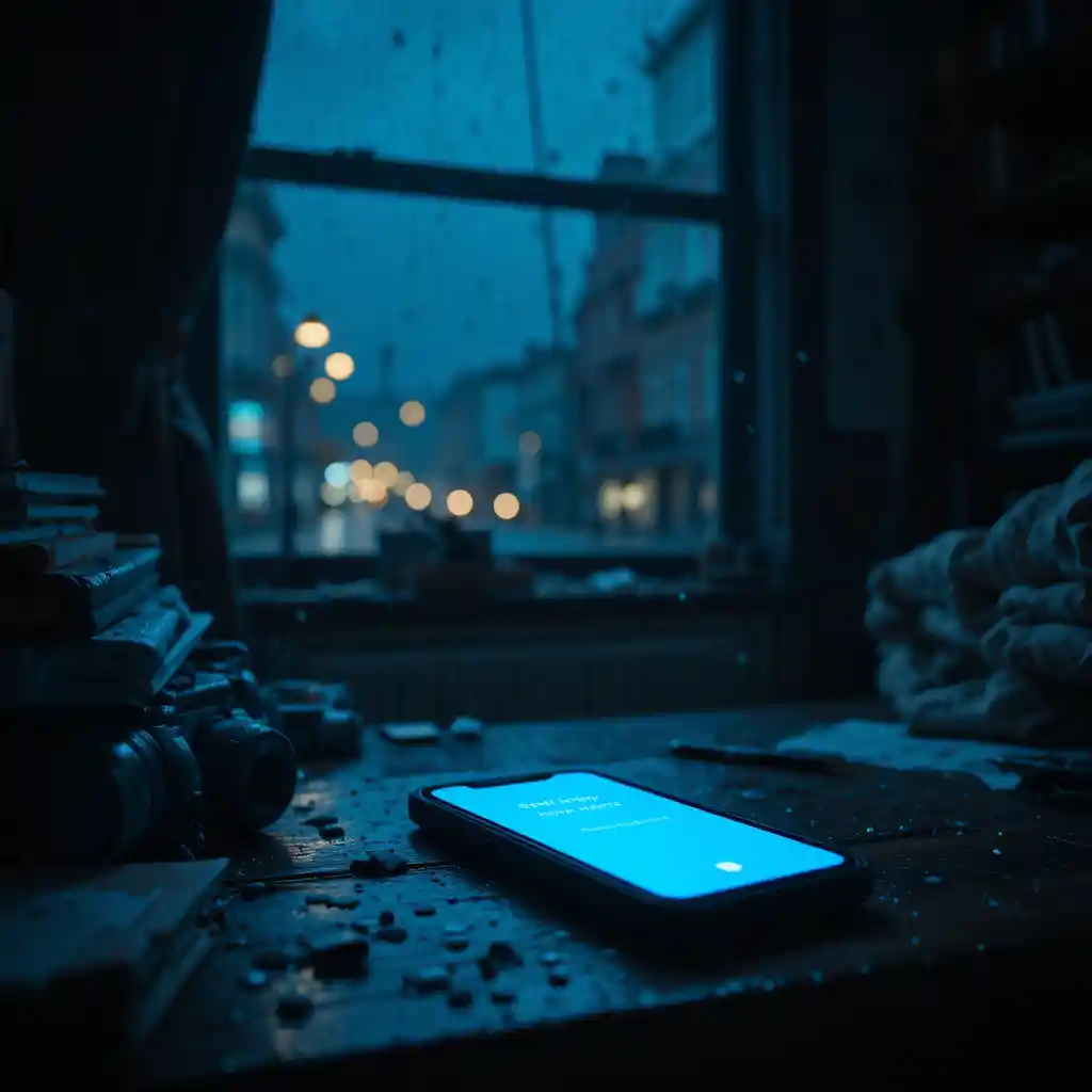 Promemoria sullo smartphone a tarda notte su una scrivania in penombra in camera da letto