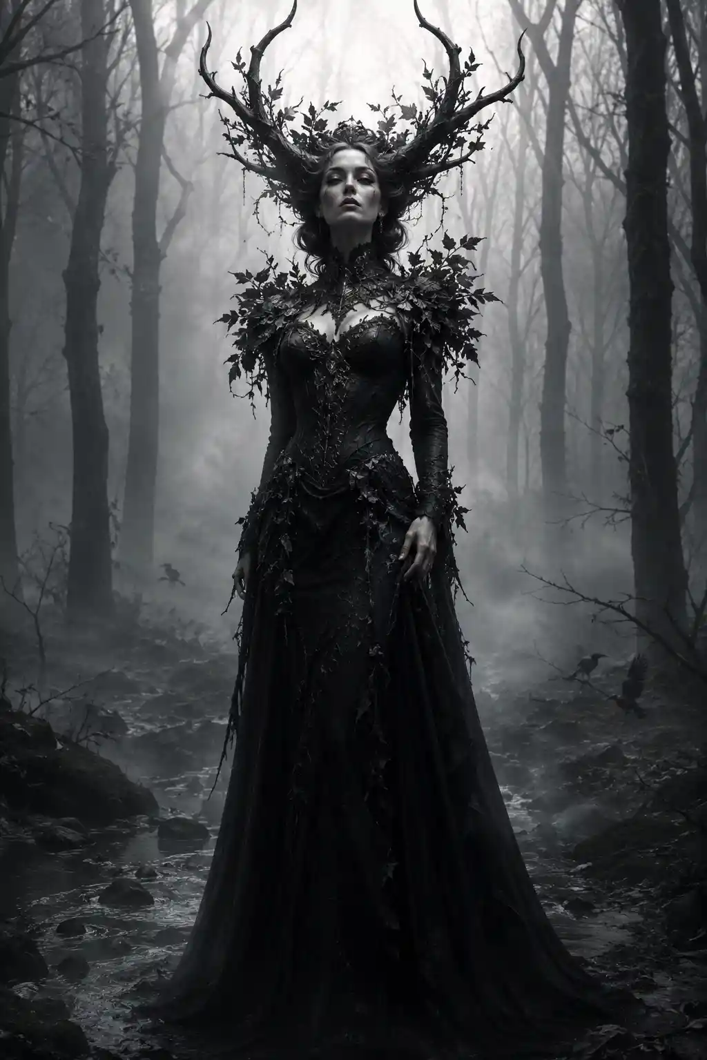 Ethereal antler crowned woman in a misty monochrome forest