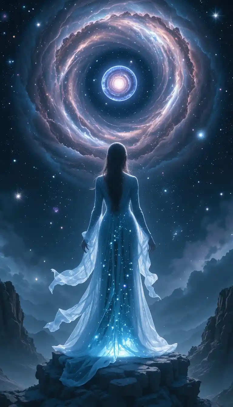 Celestial sorceress on crystal platform before swirling nebula