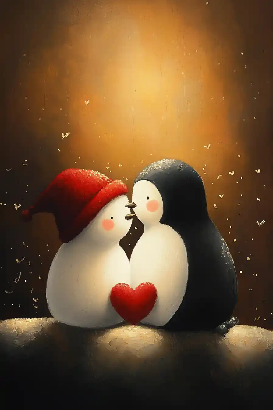 Heartwarming whimsical painting of soft cute characters together