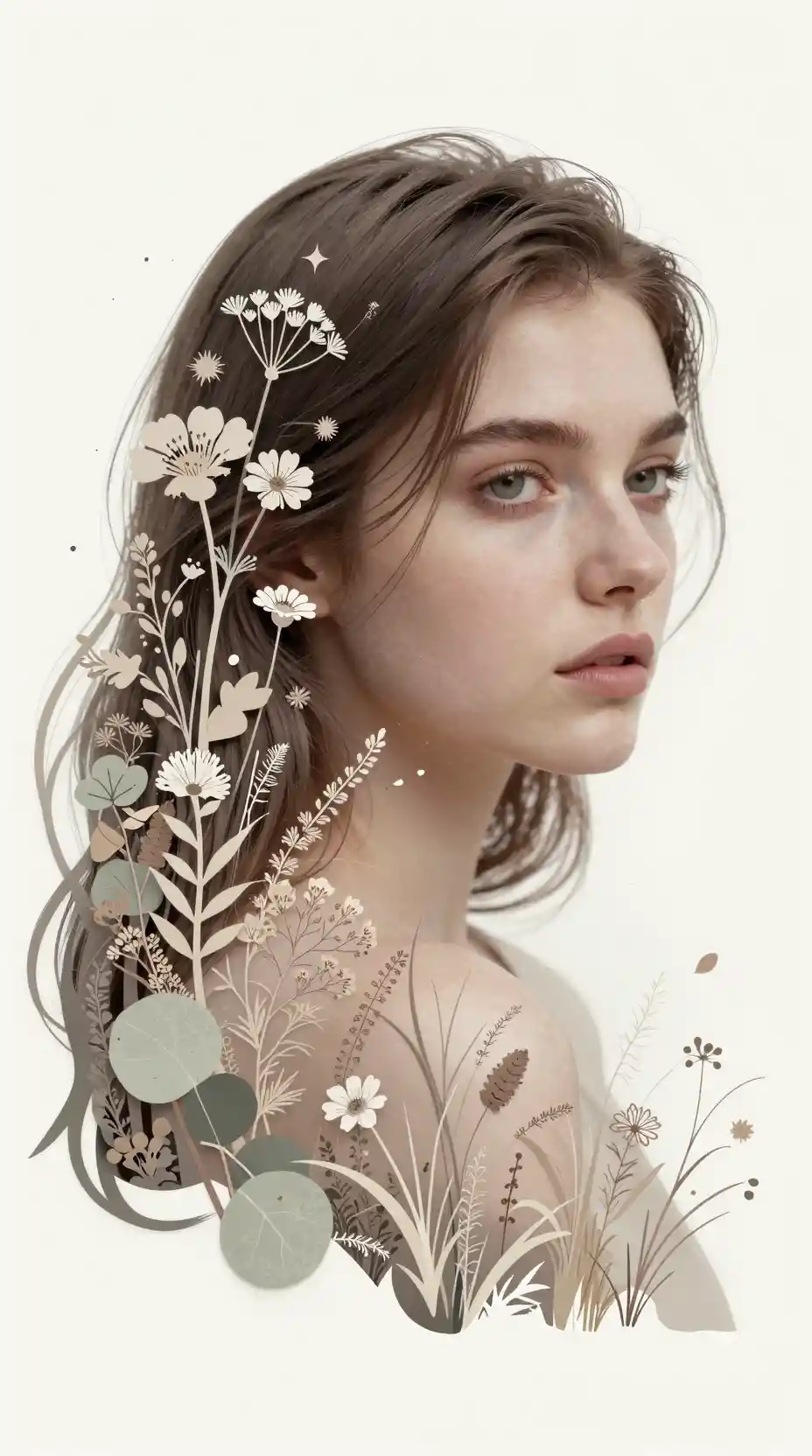 Ethereal girl portrait merging with delicate botanical forms