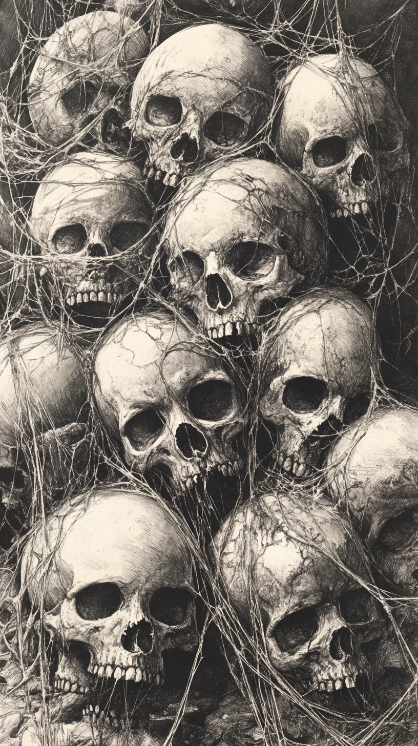 Aged human skulls wrapped in cobwebs in monochrome ink